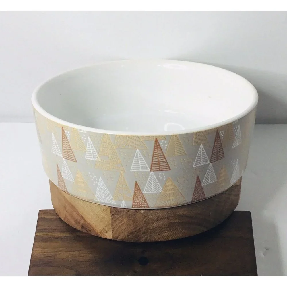 Trees Christmas Dog Water Feed Bowl Ceramic on Wood Base 3.5